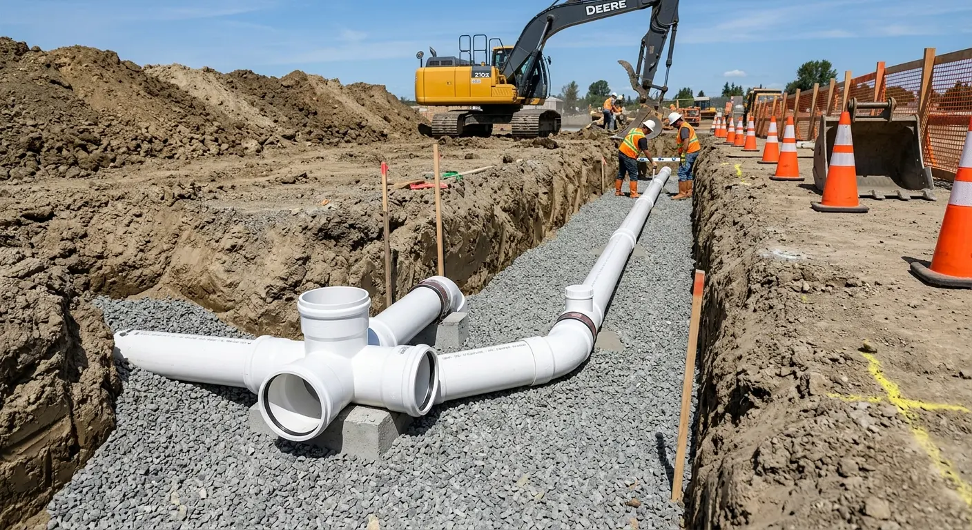 New PVC sewer pipe installation in open trench for Grease Trap Cleaning in Bennettsville