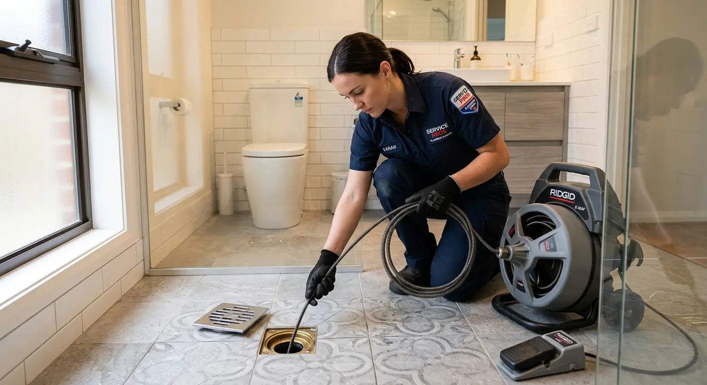 Technician clearing a bathroom floor drain for Sewer Line Installation in Bennettsville